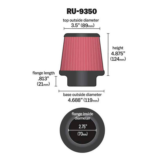 K&N Luftfilter Universal Konisch 70mm Flansch, 119mm Untendurchmesser, 89mm Obendurchmesser, 124mm Höhe (RU-9350)
