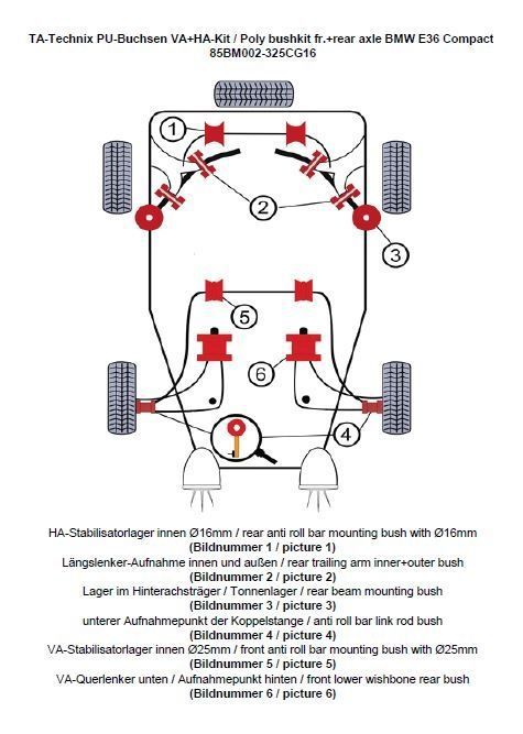 TA Technix PU-Buchsen Kit 32-teilig / Vorderachse+Hinterachse / Vorderachse mit Ø 25mm Stabi / Hinterachse mit Ø 16mm Stabi / passend für BMW 3er Serie E36 Compact