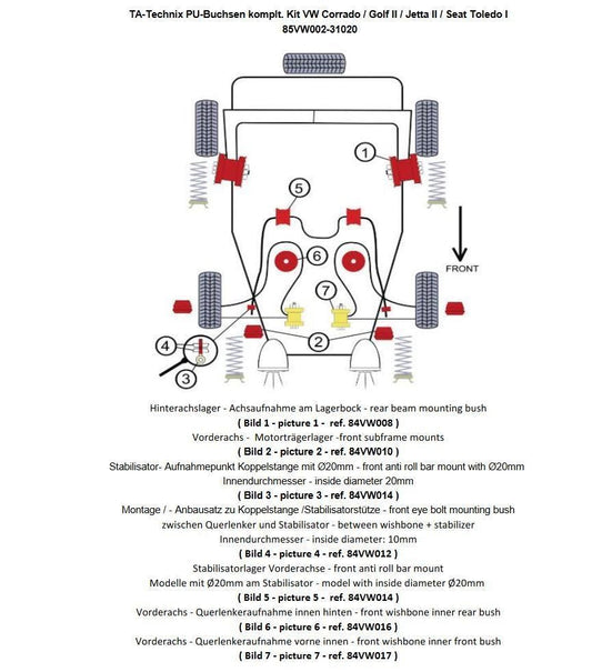 TA Technix PU-Buchsen Kit 24-teilig / VA+ Hinterachse passend für VW Corrado / Golf II / Jetta II / Seat Toledo I