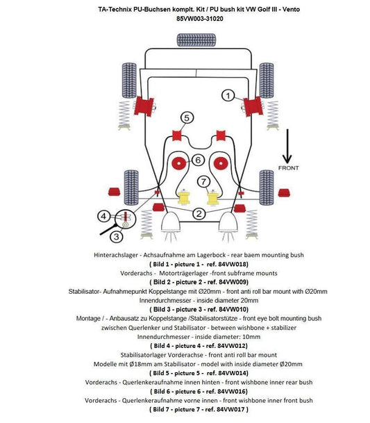 TA Technix PU-Buchsen Kit 28-teilig / VA+ Hinterachse passend für VW Golf III / Golf III+IV Cabriolet / Vento