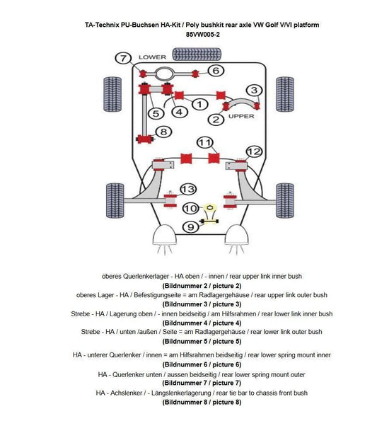 TA Technix PU-Buchsen Kit 46-teilig / Hinterachse / passend für Audi A3 / Q3 / TT / Seat Leon / Altea / Toledo / Alhambra / Skoda Octavia / Superb / Yeti / VW Scirocco / Eos / Jetta / Golf / Touran / Tiguan / Passat / Sharan