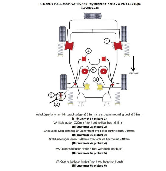 TA Technix PU-Buchsen Kit 30-teilig / Vorderachse mit 18mm Stabi +Hinterachse Ø 58mm / passend für Seat Arosa (6H)/ VW Lupo (6X/6E)/ Polo (6N+6N2)