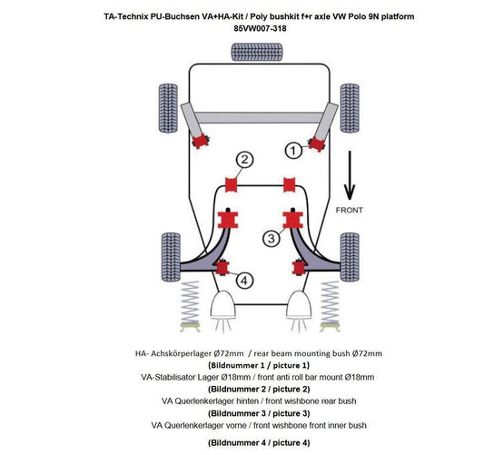 TA Technix PU-Buchsen Kit 14-teilig / Vorderachse mit Stabi 18mm +HA Ø =72mm / passend für Seat Ibiza, Cordoba (6L)/ Skoda Fabia, Roomster (6Y/5J)/ VW Fox (5Z)/ Polo (9N)/ Polo Stufenheck (9A)