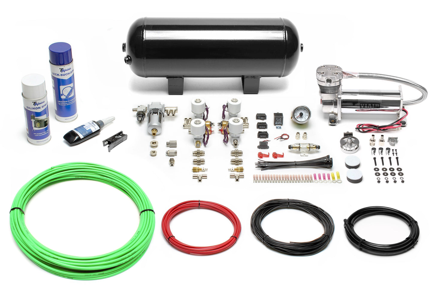 TA Technix Lufterzeugungskit 480er Viair Kompressor / 11,5L Schwarzer Tank / Anzeige Weiß / Schlauch Grün