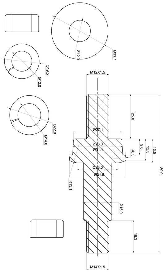 TA Technix universeller Gewindestehbolzen, Stoßdämpferaufhängung