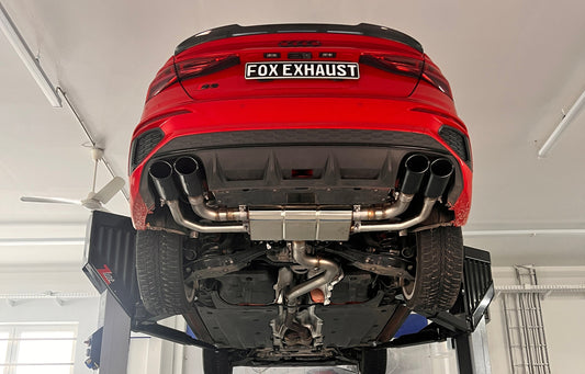 FOX Audi S3 GY - Limousine Halbanlage ab OPF mit Abgasklappen - 2x106x71 Typ 32 rechts/links Endrohre schwarz emalliert