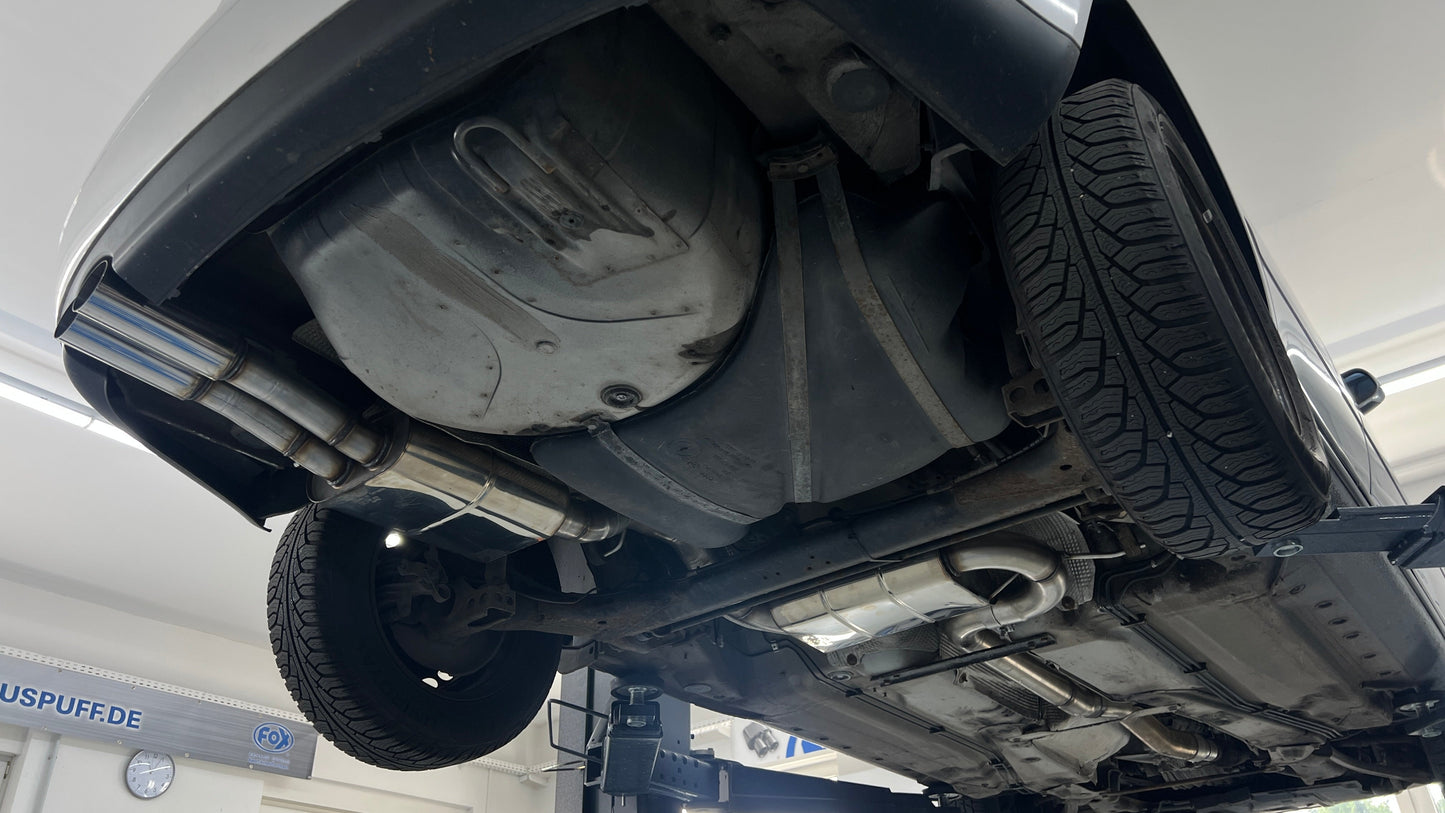 FOX Audi A4 B5 - Frontantrieb Komplettanlage, bestehend aus Endschalldämpfer 2x80 Typ 10, Vorschalldämpfert und Downpipe 76mm mit 300-Zellen-HJS Katalysator