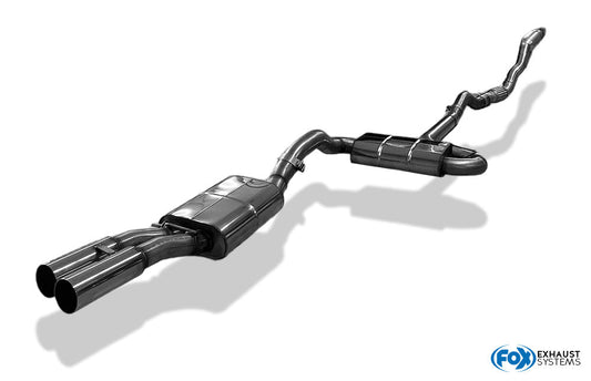 FOX Audi A4 B5 - Frontantrieb Komplettanlage, bestehend aus Endschalldämpfer 2x80 Typ 10, Vorschalldämpfert und Downpipe 76mm mit 300-Zellen-HJS Katalysator