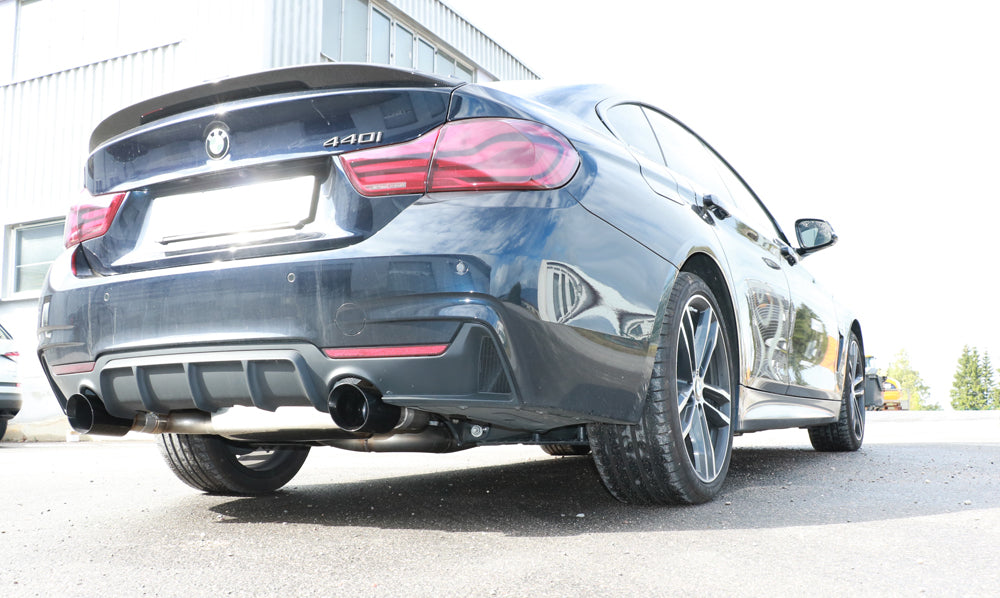 BMW F36 - 440i xDrive Grand Coupe - M-Paket Endschalldämpfer quer Ausgang rechts/links - 1x100 Typ 25 rechts/links schwarz emalliert - mit Abgasklappe im linken Endrohr