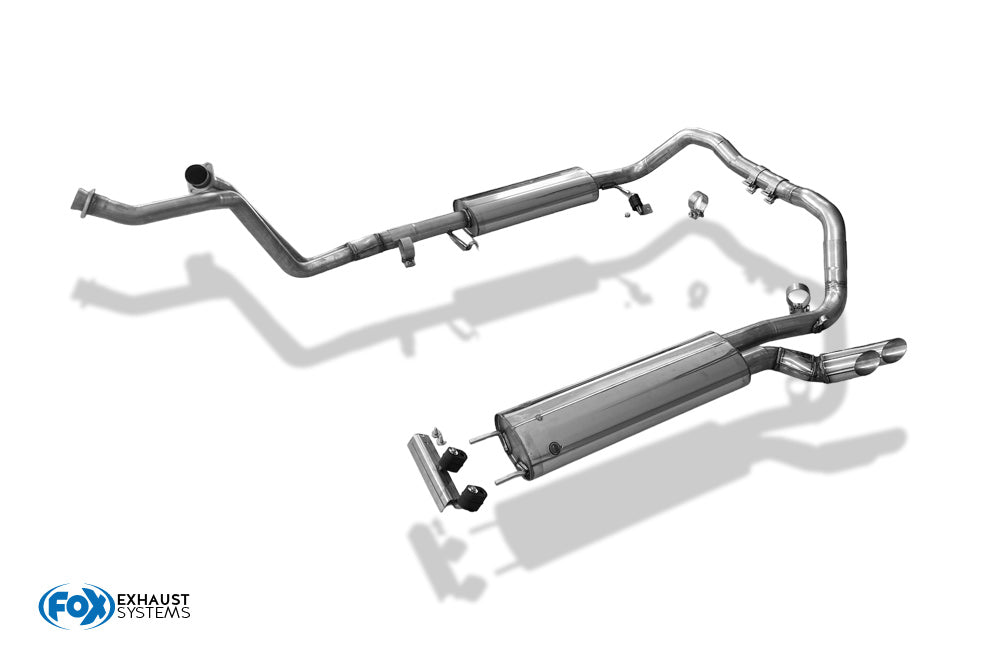 FOX Mercedes G-Klasse 463 - 300 GD Komplettanlage bestehend aus Krümmerrohr, Vorschalldämpfer und Endschalldämpfer inklusive Montagematerial - Endrohre 2x63mm Typ 14 - Für Modelle mit kurzen Radstand und ohne Trittbrett.