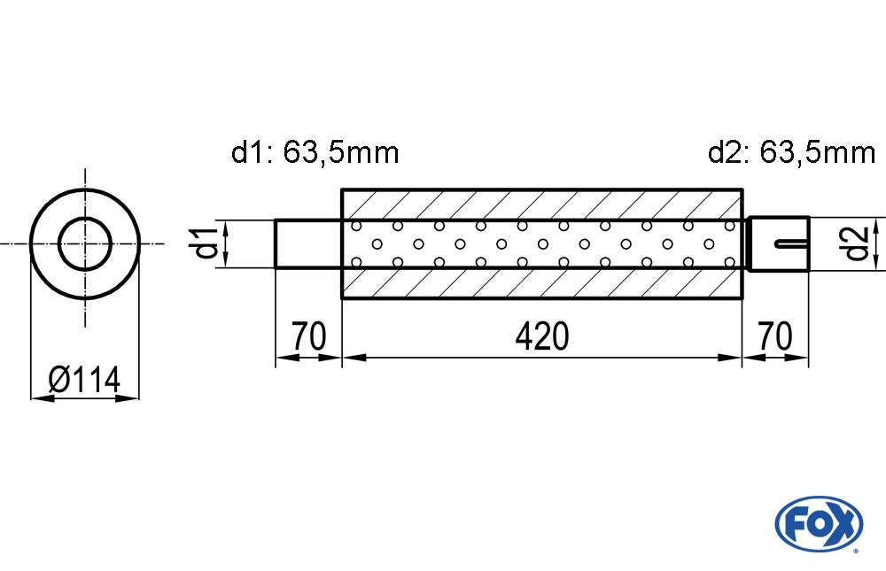FOX Uni-Schalldämpfer rund mit Stutzen - Abwicklung 355 Ø 114mm, d1Ø 63,5mm d2Ø 64mm, Länge: 420mm
