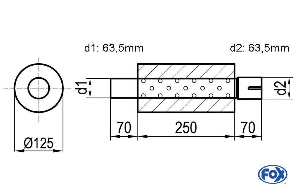 FOX Uni-Schalldämpfer rund mit Stutzen - Abwicklung 390 Ø 125mm, d1Ø 63,5mm d2Ø 64mm, Länge: 250mm