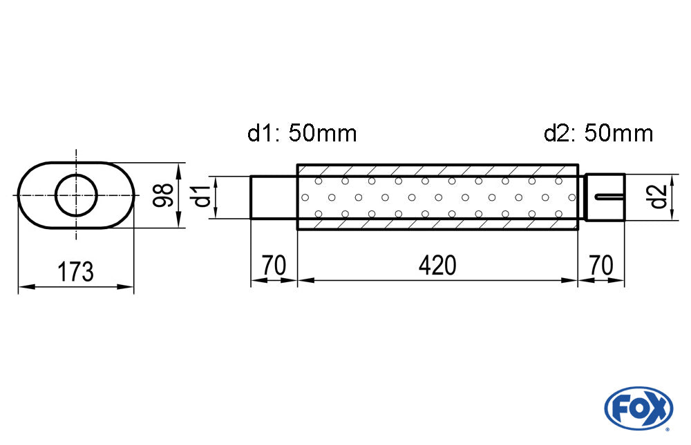 FOX Uni-Schalldämpfer oval mit Stutzen - Abwicklung 450 173x98mm, d1Ø 50mm d2Ø 50,5mm, Länge: 420mm