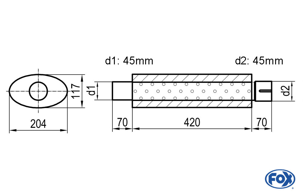 FOX Uni-Schalldämpfer oval mit Stutzen - Abwicklung 525 204x117mm, d1Ø 45mm d2Ø 45,5mm, Länge: 420mm