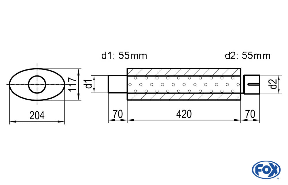 FOX Uni-Schalldämpfer oval mit Stutzen - Abwicklung 525 204x117mm, d1Ø 55mm d2Ø 55,5mm, Länge: 420mm
