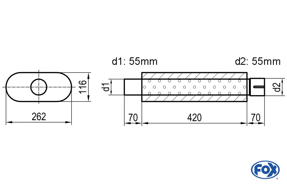 FOX Uni-Schalldämpfer oval mit Stutzen - Abwicklung 650 262x116mm, d1Ø 55mm d2Ø 55,5mm, Länge: 420mm