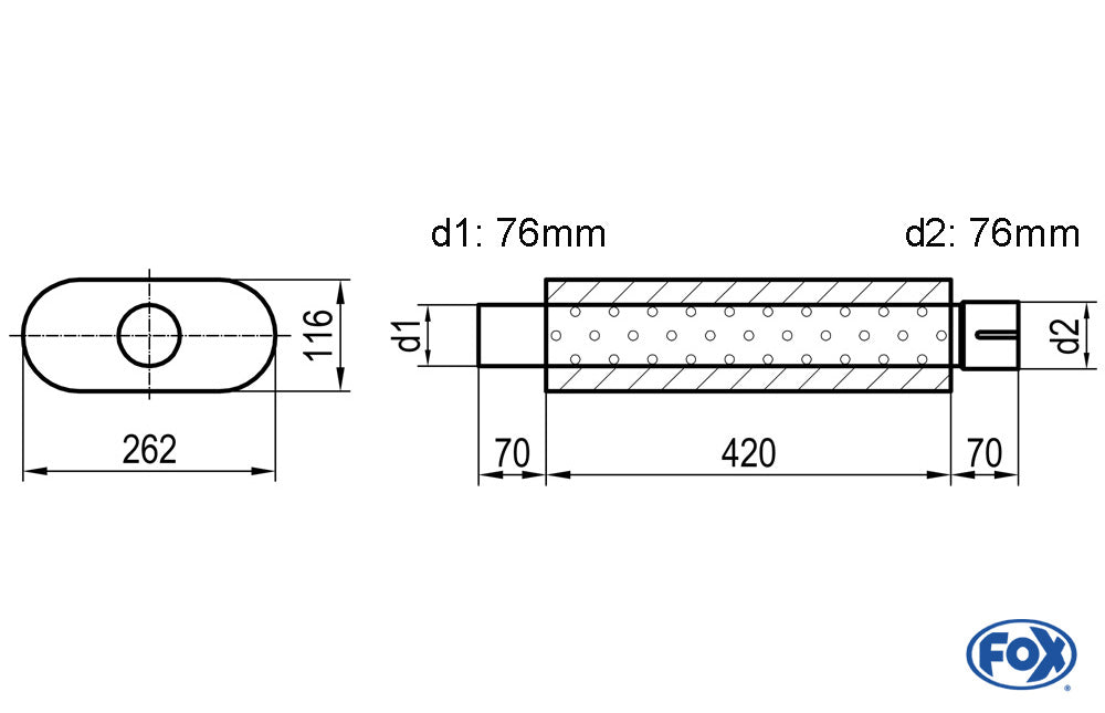 FOX Uni-Schalldämpfer oval mit Stutzen - Abwicklung 650 262x116mm, d1Ø 76mm d2Ø 76,5mm, Länge: 420mm