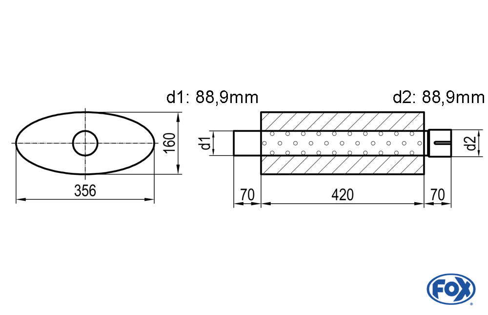 FOX Uni-Schalldämpfer oval mit Stutzen - Abwicklung 818 356x160mm, d1Ø 88,9mm d2Ø 88,9mm Länge: 420mm