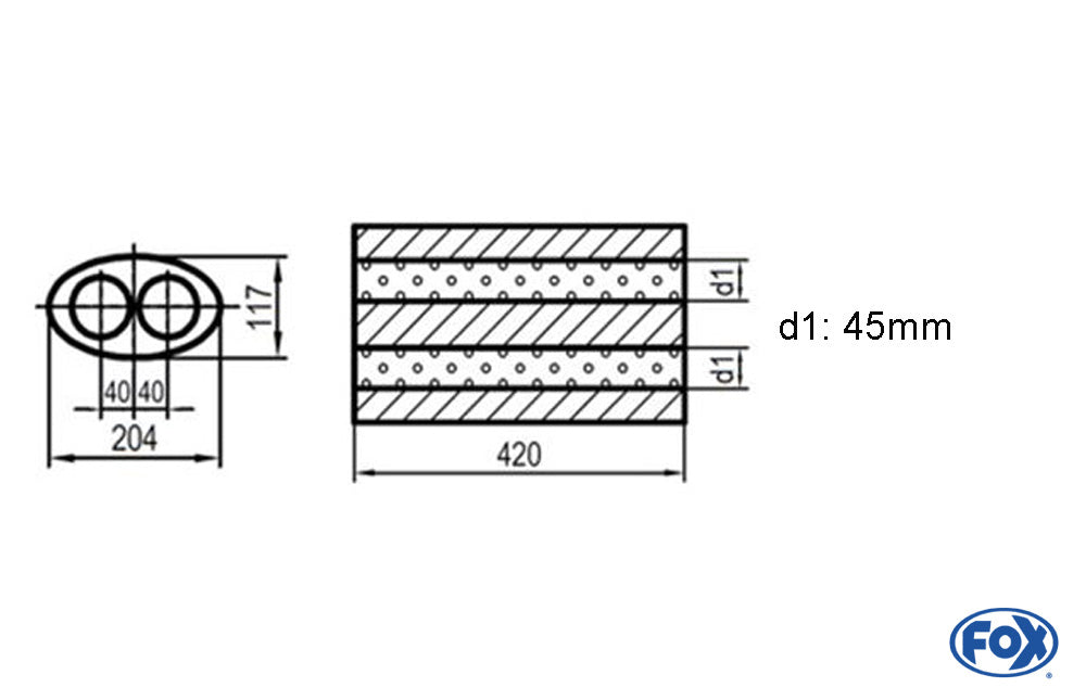 FOX Uni-Schalldämpfer oval zweiflutig - Abwicklung 525 204x117mm, d1Ø 45mm, Länge: 420mm