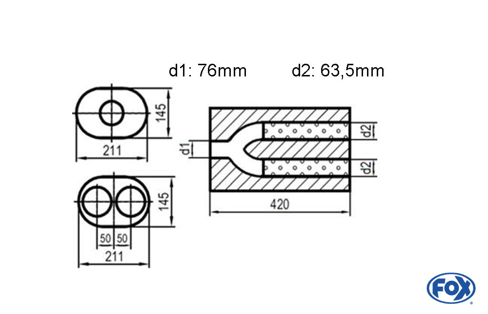 FOX Uni-Schalldämpfer oval zweiflutig mit Hose - Abwicklung 585 211x145mm, d1Ø 70mm d2Ø 63,5mm, Länge: 420mm