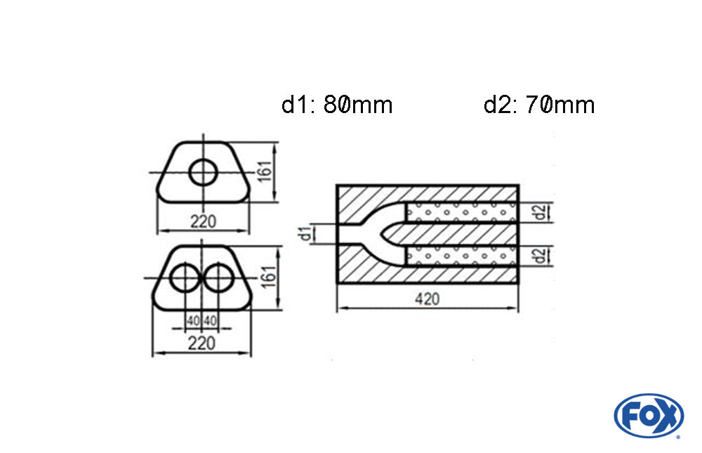 FOX Uni-Schalldämpfer trapezoid zweiflutig mit Hose - Abw. 644 220x161mm, d1Ø 80mm d2Ø 70mm, Länge: 420mm