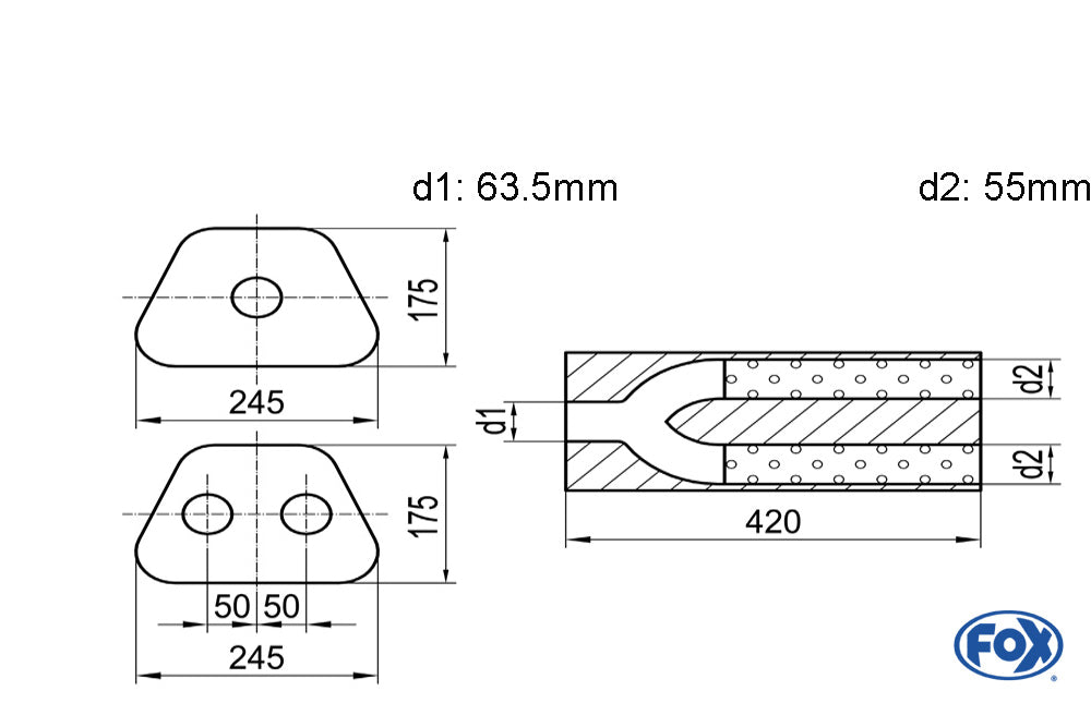 FOX Uni-Schalldämpfer trapezoid zweiflutig mit Hose - Abw. 711 245x175mm, d1Ø 63,5mm außen/ d2Ø 2x55mm außen - Länge: 420mm