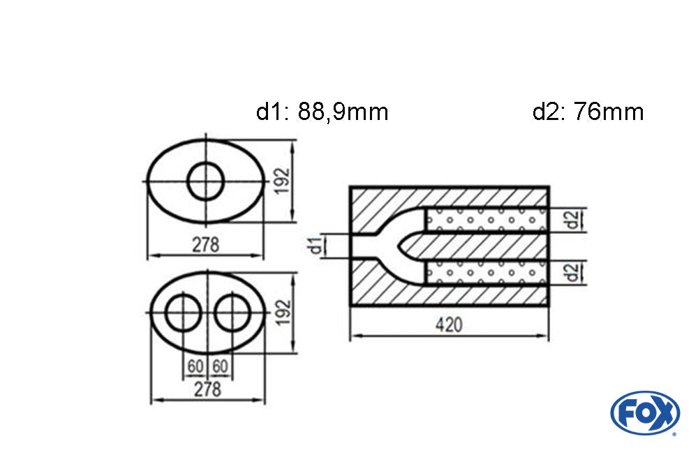 FOX Uni-Schalldämpfer oval zweiflutig mit Hose - Abwicklung 754 278x192mm, d1Ø 88,9mm d2Ø 76 mm, Länge: 420mm