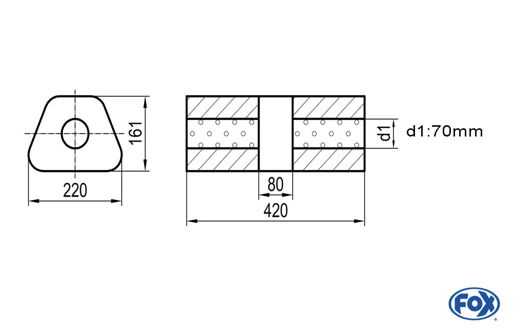 FOX Uni-Schalldämpfer trapez ohne Stutzen mit Kammer - Abw. 644 220x161mm, d1Ø 70mm, Länge: 420mm
