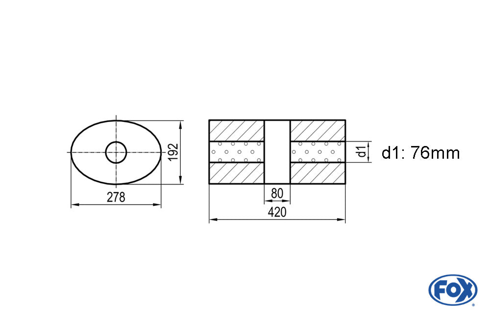 FOX Uni-Schalldämpfer oval ohne Stutzen mit Kammer - Abw. 754 278x192mm, d1Ø 76mm, Länge: 420mm