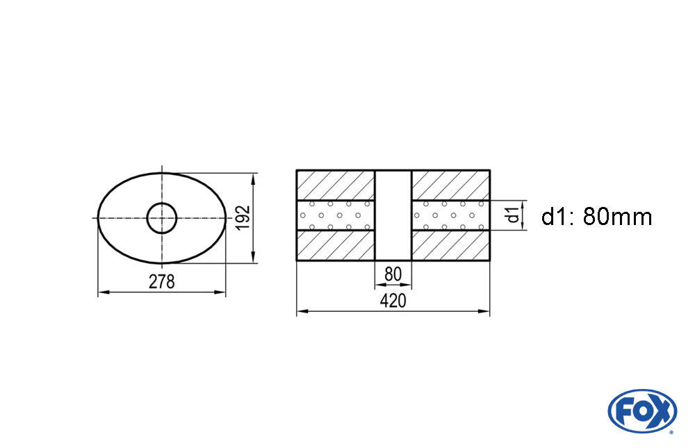 FOX Uni-Schalldämpfer oval ohne Stutzen mit Kammer - Abw. 754 278x192mm, d1Ø 80mm, Länge: 420mm
