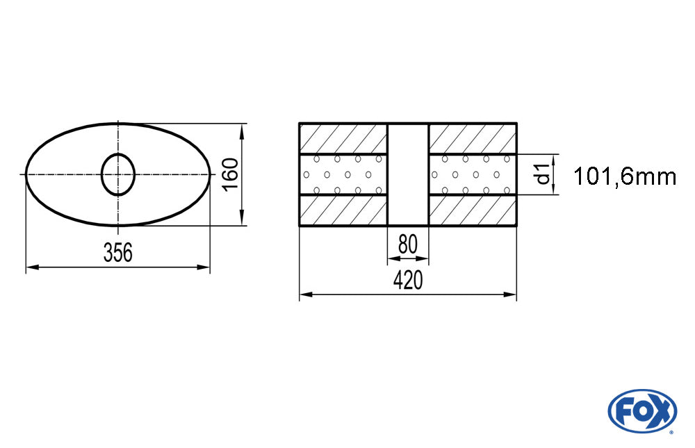 FOX Uni-Schalldämpfer oval ohne Stutzen mit Kammer - Abw. 818 356x160mm, d1Ø 101,6mm, Länge: 420mm