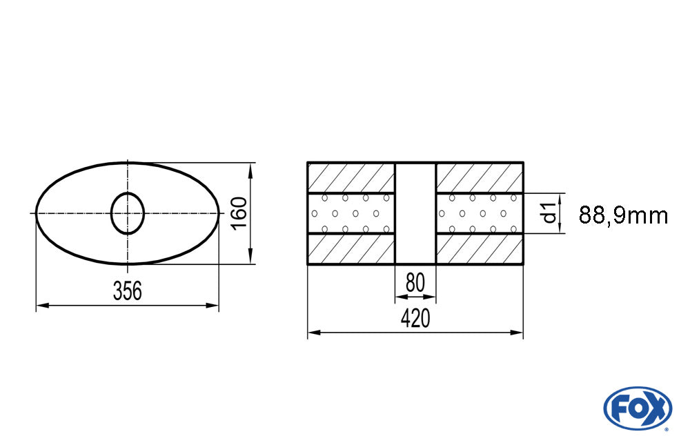 FOX Uni-Schalldämpfer oval ohne Stutzen mit Kammer - Abw. 818 356x160mm, d1Ø 88,9mm, Länge: 420mm