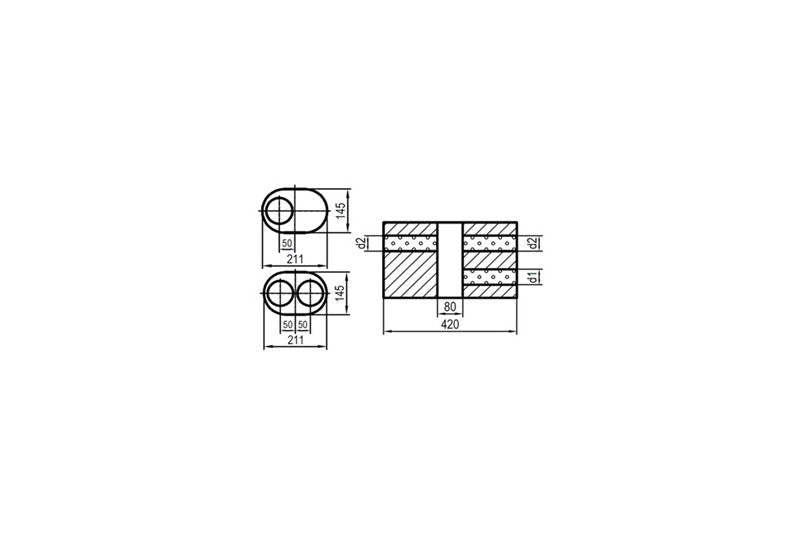 FOX Uni-Schalldämpfer oval zweiflutig mit Kammer -Abwicklung 585 211x145mm, d1Ø 76mm d2Ø 63,5mm, Länge: 420mm - Variante 1