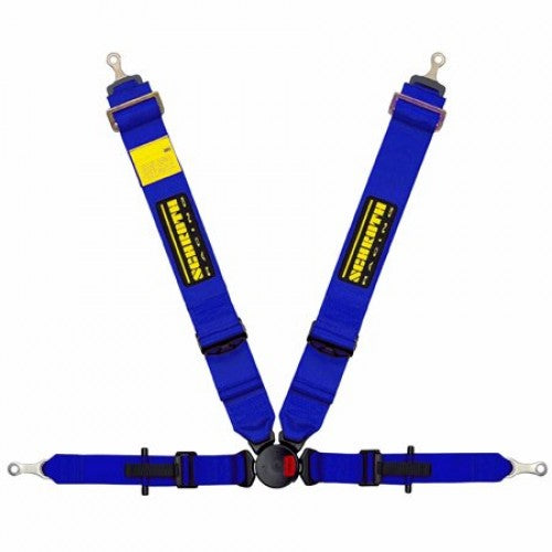 Schroth PROFI II-FE asm blau mit SCHROTH RACING Logo links mit Ausklinkbeschlag