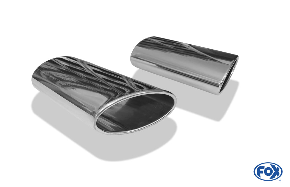 FOX Anschweißendrohr Typ 38 - Rechts & Links 160x90 mm / Länge: 300 mm - oval  - 1x seitlich nach rechts 15° und 1x seitlich nach links 15°, sowie 15° nach unten abgeschrägt / eingerollt / ohne Absorber