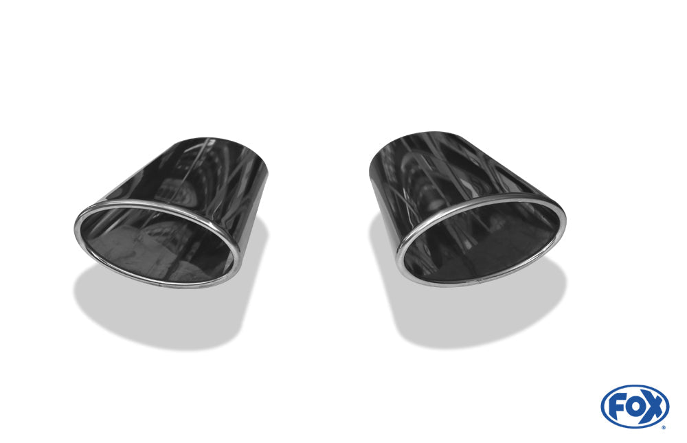 FOX Anschweißendrohr Typ 38 - Rechts & Links 160x90 mm / Länge: 300 mm - oval  - 1x seitlich nach rechts 15° und 1x seitlich nach links 15°, sowie 15° nach unten abgeschrägt / eingerollt / ohne Absorber