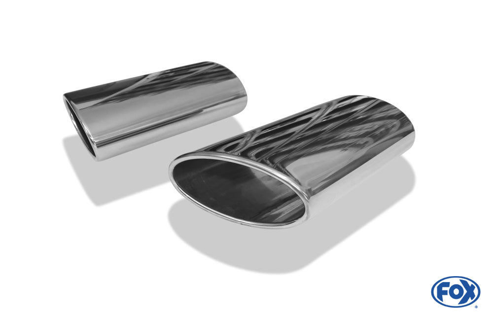 FOX Anschweißendrohr Typ 38 - Rechts & Links 160x90 mm / Länge: 300 mm - oval  - 1x seitlich nach rechts 15° und 1x seitlich nach links 15°, sowie 15° nach unten abgeschrägt / eingerollt / ohne Absorber