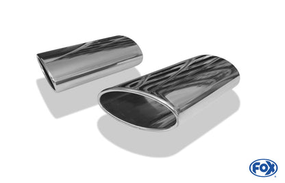 FOX Anschweißendrohr Typ 38 - Rechts & Links 160x90 mm / Länge: 300 mm - oval  - 1x seitlich nach rechts 15° und 1x seitlich nach links 15°, sowie 15° nach unten abgeschrägt / eingerollt / ohne Absorber