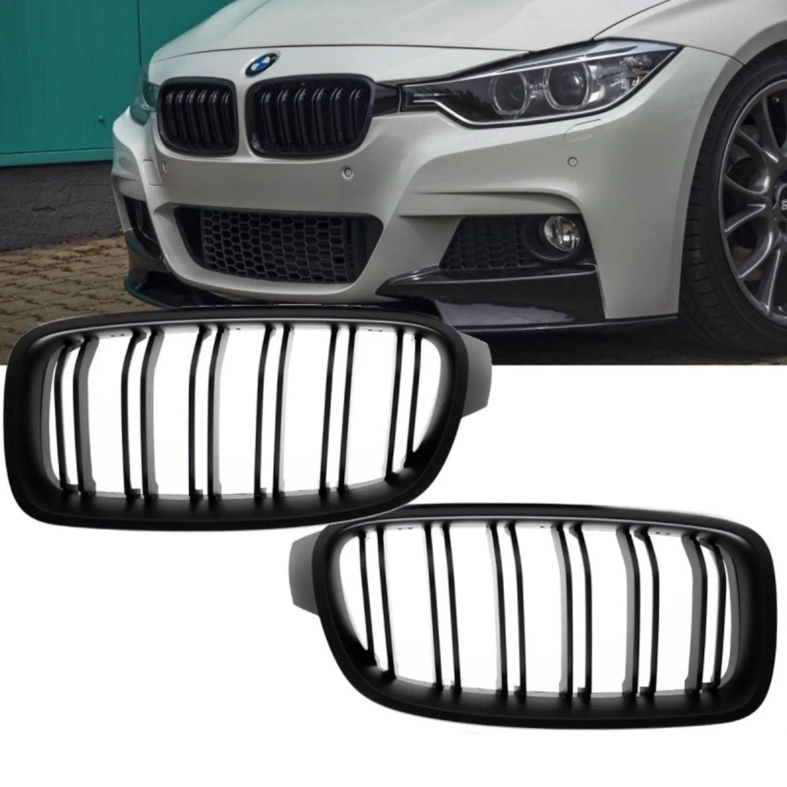 SET Kühlergrill Grill Schwarz MATT Doppelsteg 1681 für BMW 3er F30 F31 auch M-Sport
