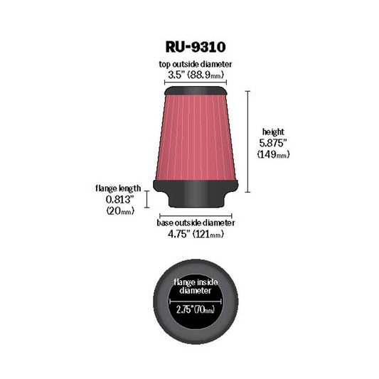 K&N Luftfilter Universal Konisch 70mm Flansch, 121mm Untendurchmesser, 89mm Obendurchmesser, 149mm Höhe (RU-9310)