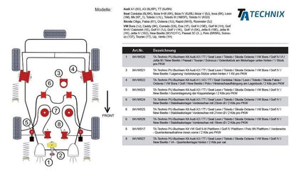 TA Technix PU-Buchsen passend für Audi A3 / TT / Seat Leon / Toledo / Skoda Octavia / VW Bora / Golf IV / New Beetle / Vorderachse - Querlenkerlager hinten / 2 per car