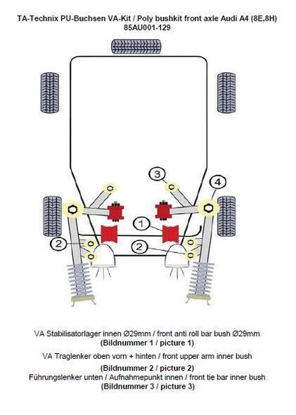 TA Technix PU-Buchsen Kit 14-teilig / Vorderachse mit Ø 29mm Stabi / passend für Audi A4 (8E) / A4 Cabriolet (8H)