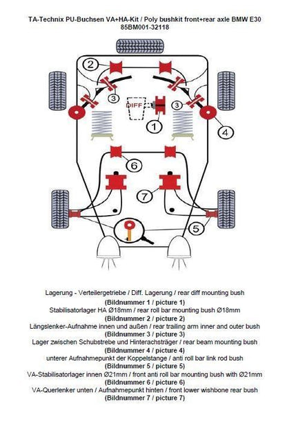 TA Technix PU-Buchsen Kit 37-teilig / Vorderachse+Hinterachse / Vorderachse mit Ø 21mm Stabi / Hinterachse mit Ø 18mm Stabi / passend für BMW 3er Serie E30