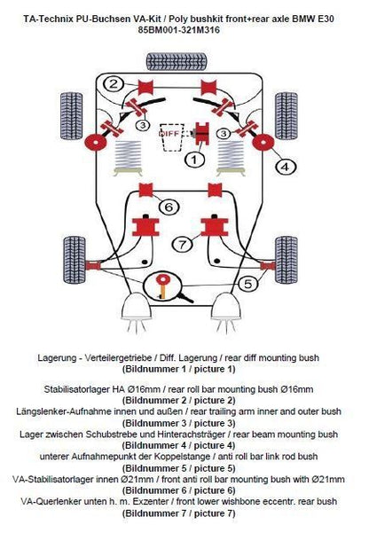 TA Technix PU-Buchsen Kit 37-teilig / Vorderachse+Hinterachse / Vorderachse mit Ø 21mm Stabi / M3 Exzenter / Hinterachse mit Ø 16mm Stabi / passend für BMW 3er Serie E30
