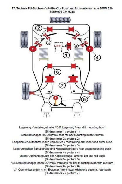 TA Technix PU-Buchsen Kit 37-teilig / Vorderachse+Hinterachse / Vorderachse mit Ø 21mm Stabi / M3 Exzenter / Hinterachse mit Ø 18mm Stabi / passend für BMW 3er Serie E30