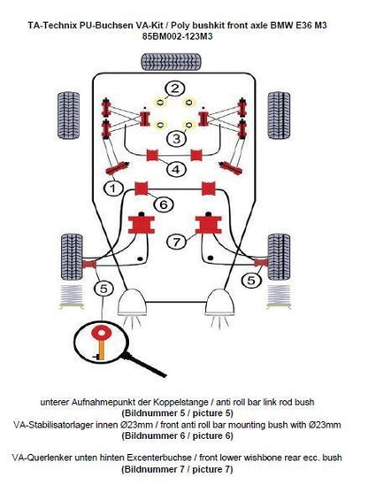 TA Technix PU-Buchsen Kit 12-teilig / Vorderachse mit Ø 23mm Stabi / M3 Exzenter / passend für BMW 3er Serie E36 / Z3 Roadster/Coupe