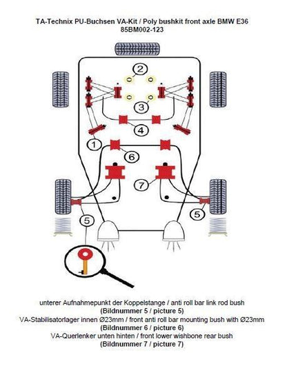 TA Technix PU-Buchsen Kit 12-teilig / Vorderachse mit Ø 23mm Stabi / passend für BMW 3er Serie E36 Compact / 3er Serie E36 / Z3 Roadster/Coupe