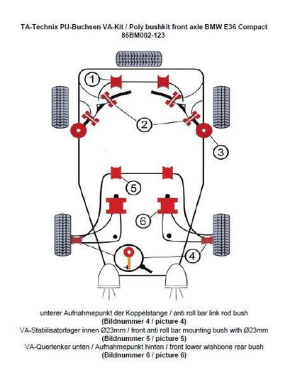 TA Technix PU-Buchsen Kit 12-teilig / Vorderachse mit Ø 23mm Stabi / passend für BMW 3er Serie E36 Compact / 3er Serie E36 / Z3 Roadster/Coupe