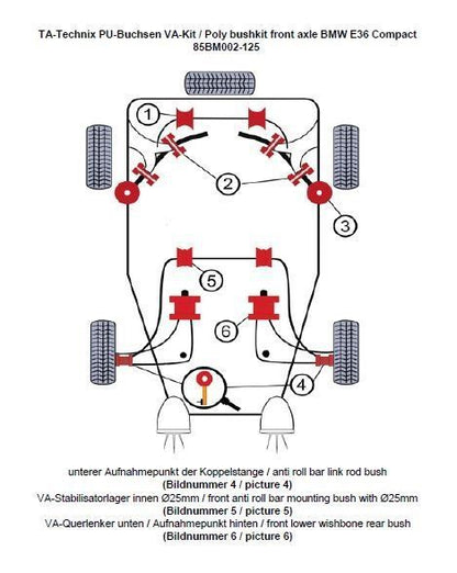 TA Technix PU-Buchsen Kit 12-teilig / Vorderachse mit Ø 25mm Stabi / passend für BMW 3er Serie E36 Compact / 3er Serie E36 / Z3 Roadster/Coupe