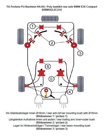 TA Technix PU-Buchsen Kit 20-teilig / Hinterachse mit Ø 16mm Stabi / passend für BMW 3er Serie E36 Compact / Z3 Roadster/Coupe